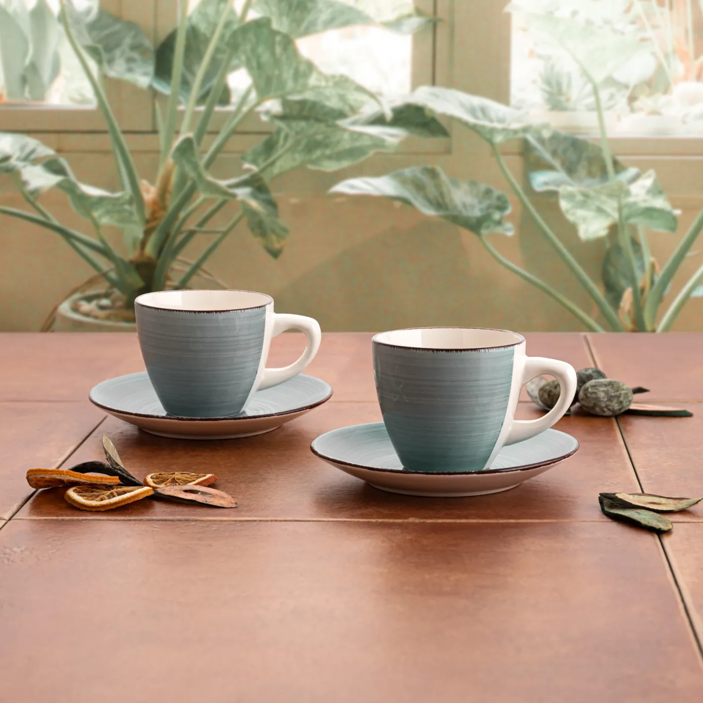 Conjunto de 2 tazas con plato azul de gres Vita 22cl^Casa Viva Hot