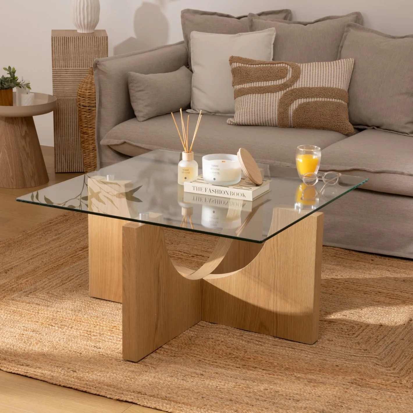 Mesa de centro de cristal y madera DM Milán 85x85x45cm^Casa Viva Discount