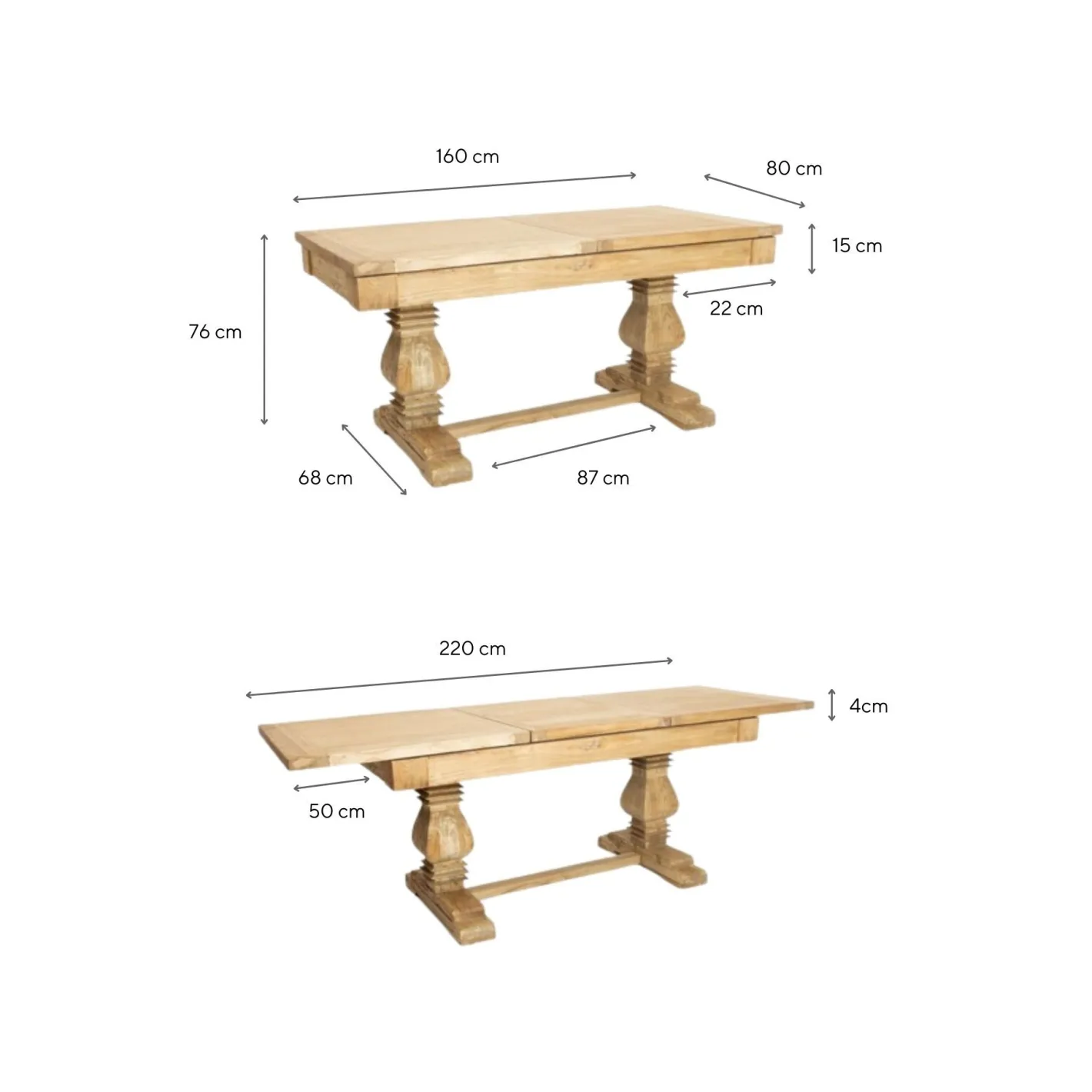 Mesa de comedor extensible de madera de olmo reciclada Toulouse 160/220x80x76cm^Casa Viva Clearance