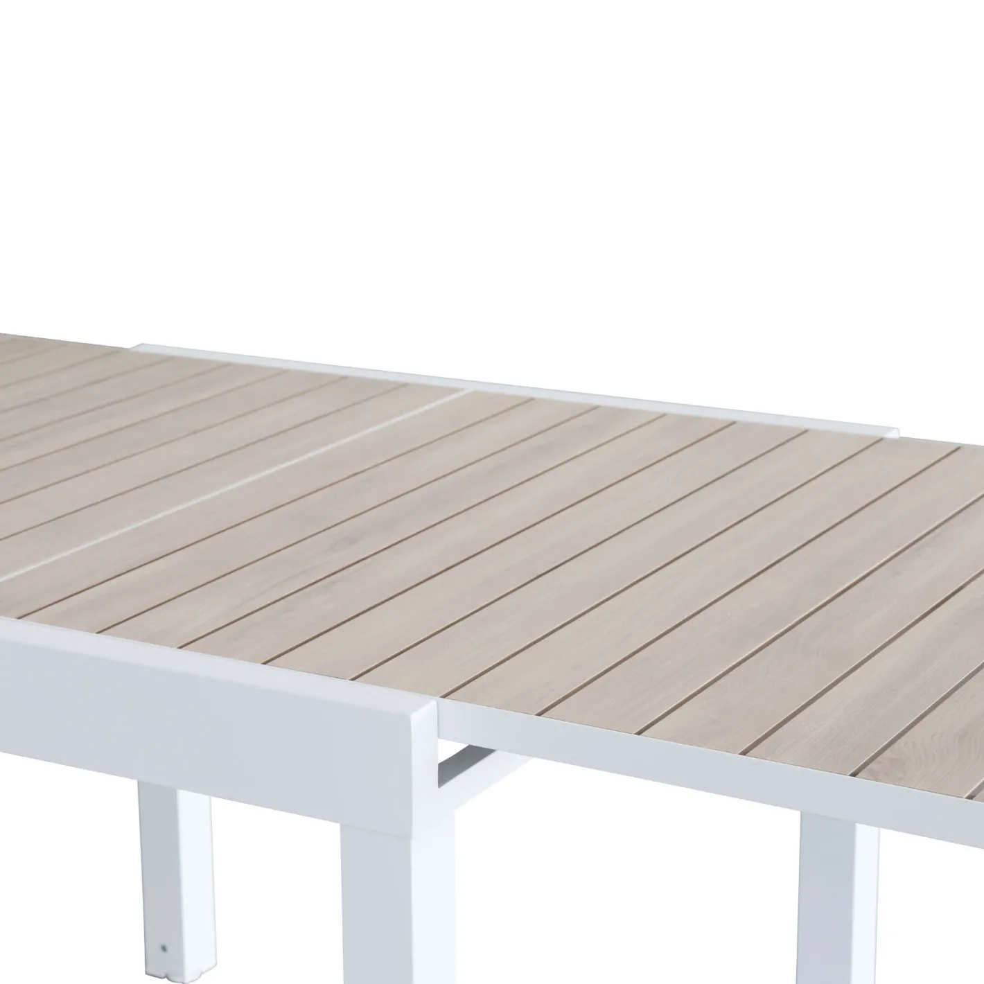 Mesa de jardín extensible de aluminio blanco con efecto madera Albir 90/180x90x76cm^Casa Viva Discount