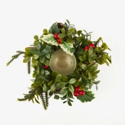 Portavelas de acebo y piñas Ø18x8cm^Casa Viva Outlet