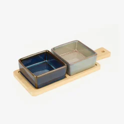 Set de 2 cuencos de cerámica de colores con bandeja de madera^Casa Viva Hot