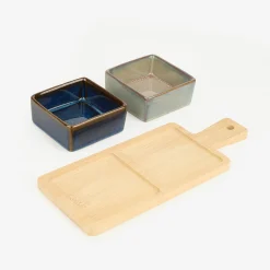 Set de 2 cuencos de cerámica de colores con bandeja de madera^Casa Viva Hot
